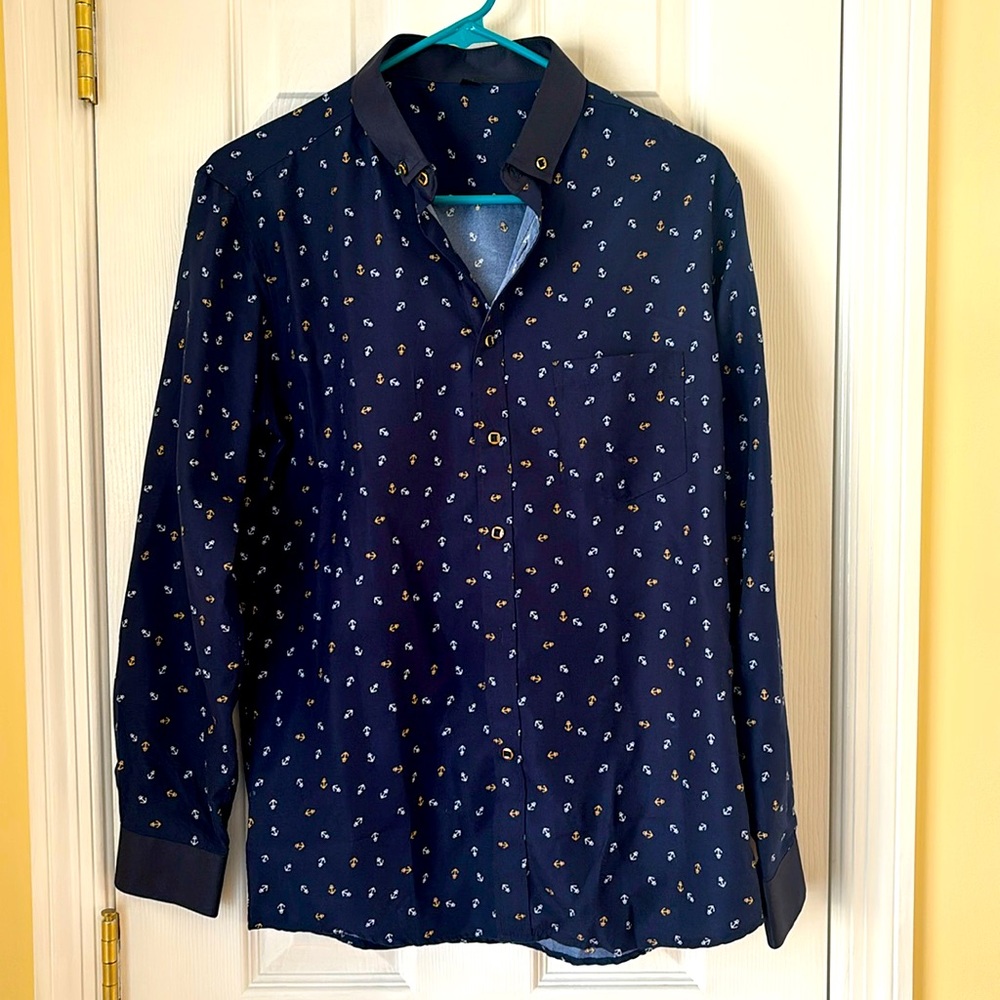 Men's Slim Fit Long Sleeve Collared Button Down Shirt with Anchors - Large